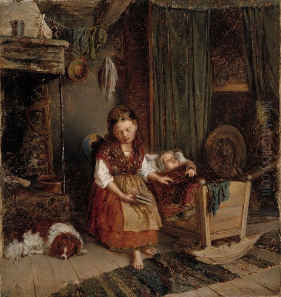 Tytto kehdon aaressa Oil Painting by Karl Jansson