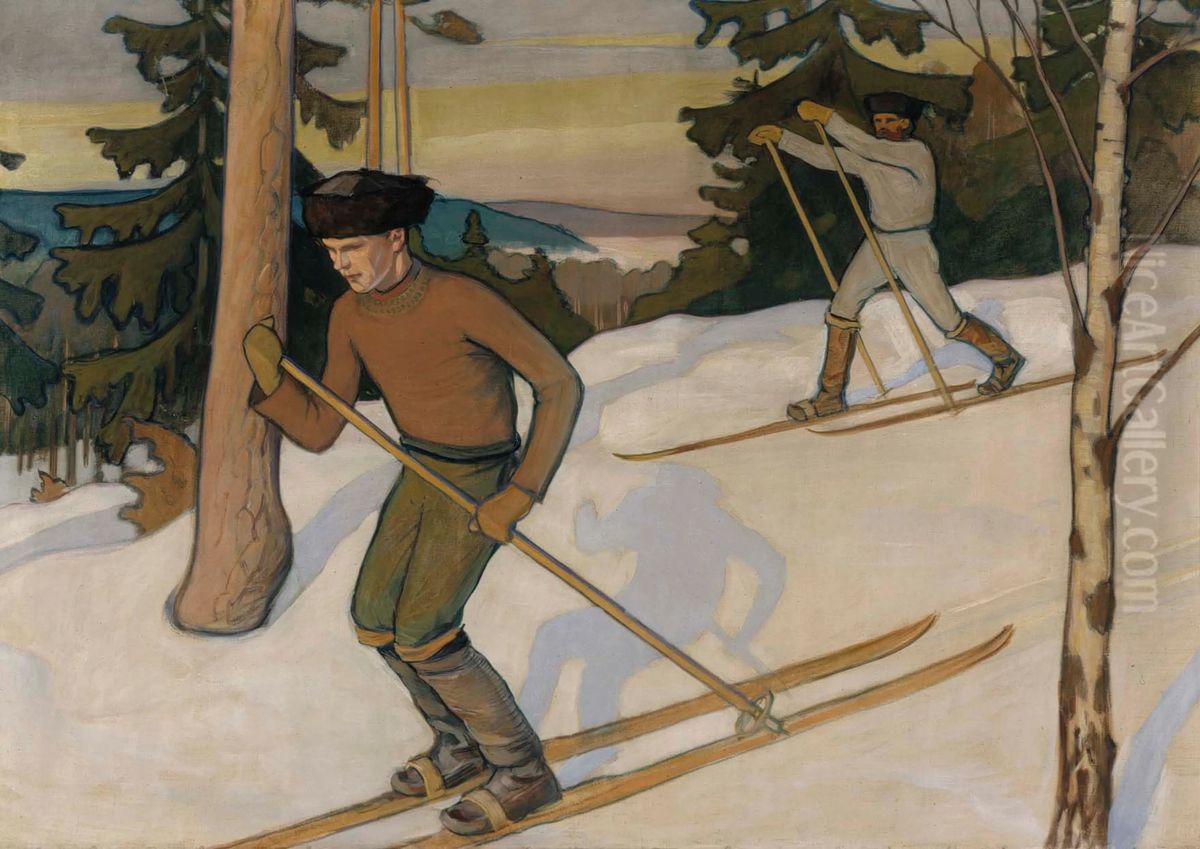 Skiing Boys Oil Painting by Vaino Blomstedt