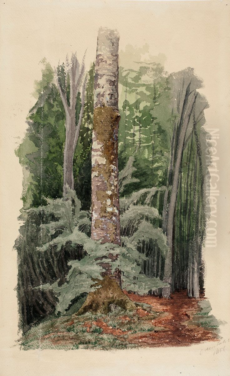 Metsansisustaa, keskella lehtipuun runko Oil Painting by Werner Holmberg
