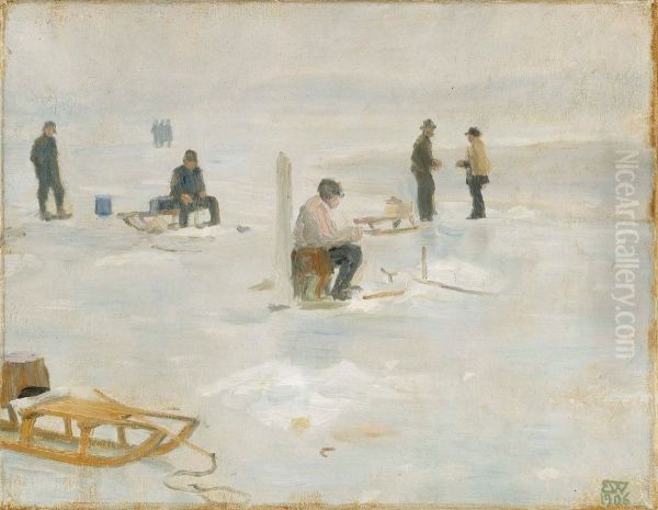 Winter Fishing Oil Painting by Erik Werenskiold