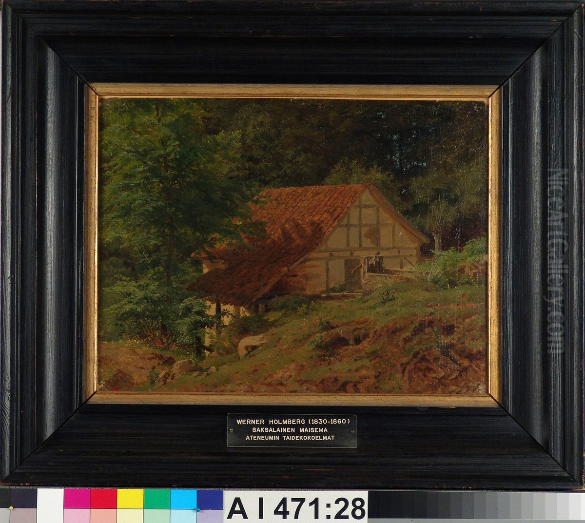 Rakennuksia metsassa, harjoitelma Oil Painting by Werner Holmberg