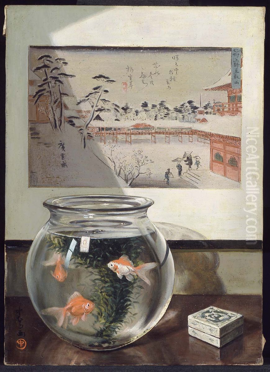 Hiroshige and the Goldfish Oil Painting by Kanji Nakamura