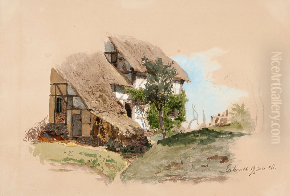 Reininmaalainen talonpoikaistalo, keskella talon edessa lehtipuu Oil Painting by Werner Holmberg