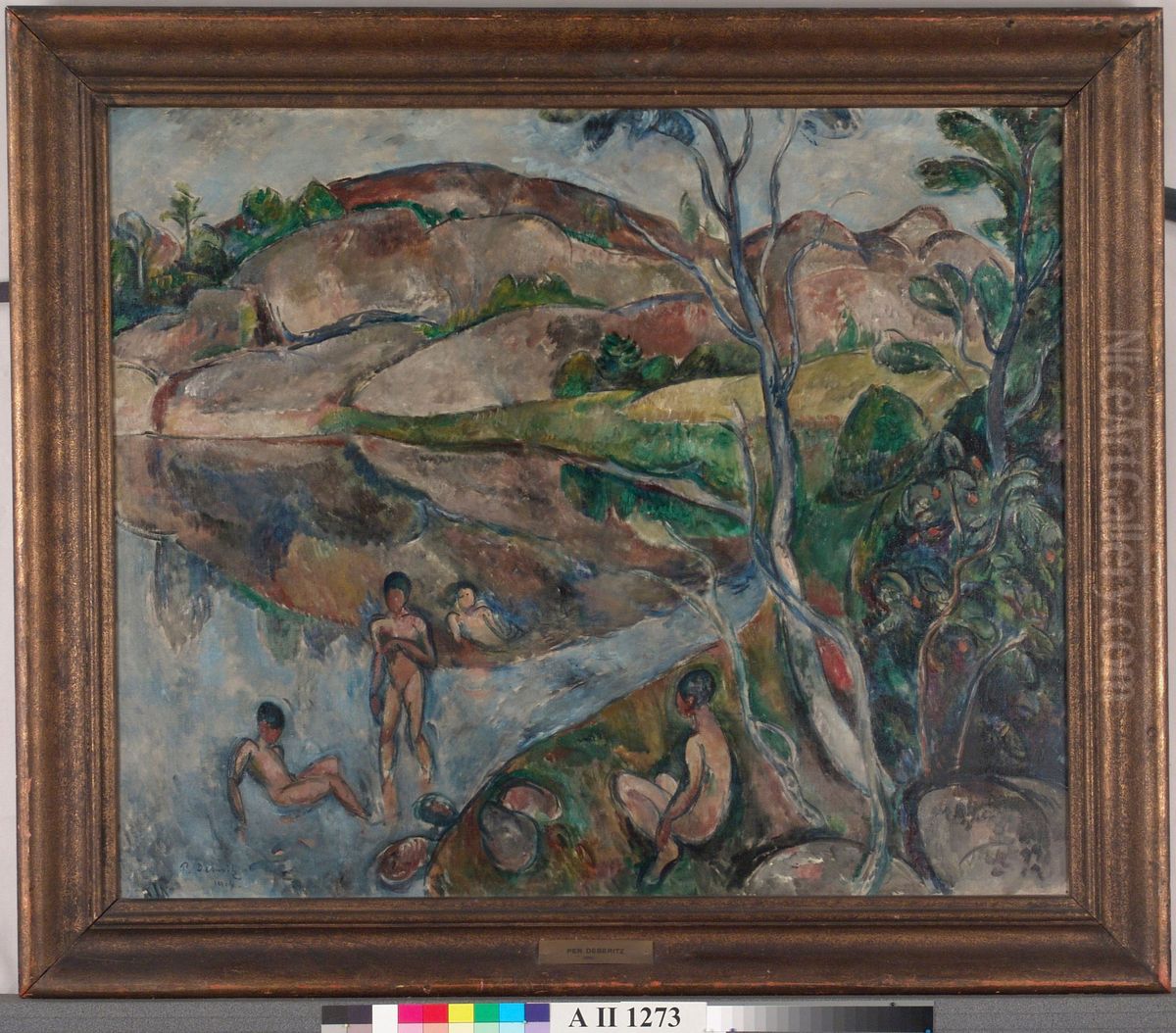 Landskap med badande gossar Oil Painting by Per Deberitz