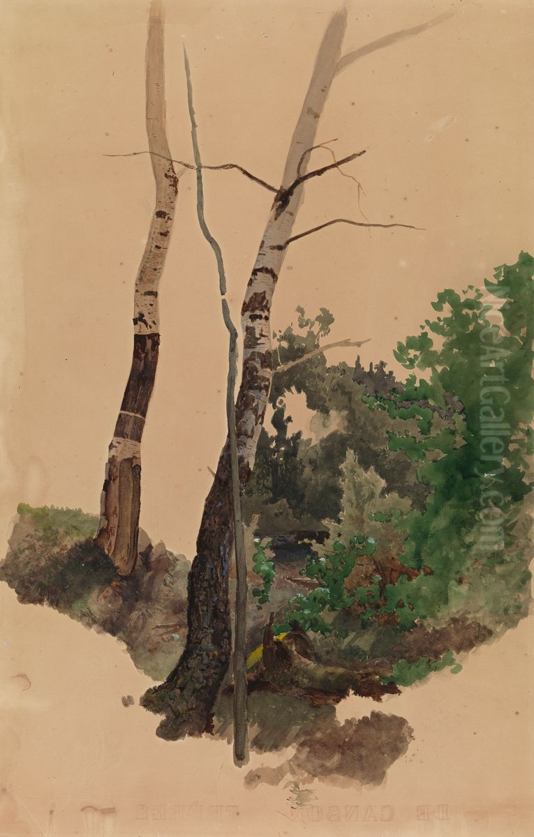 Kaksi paljasta koivunrunkoa ja pensaita Oil Painting by Werner Holmberg