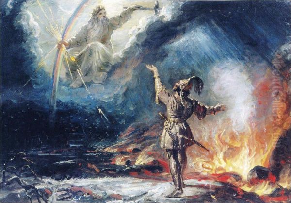 Lemminkainen tulisella jarvella Oil Painting by Robert Wilhelm Ekman
