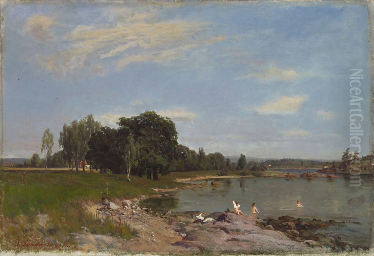 Rantamaisema, kylpevia lapsia Oil Painting by Berndt Lindholm