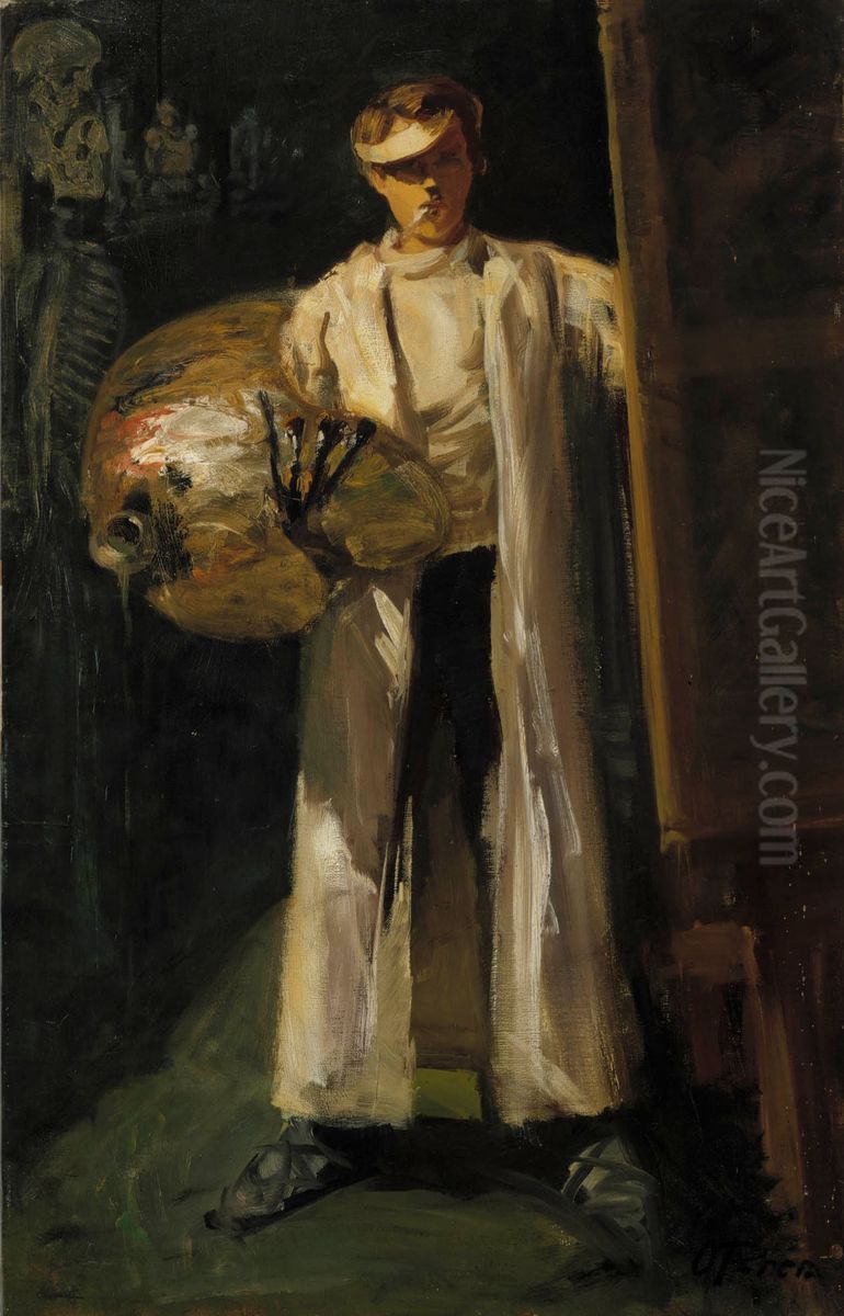 Omakuva sahkovalossa Oil Painting by Oscar Parviainen