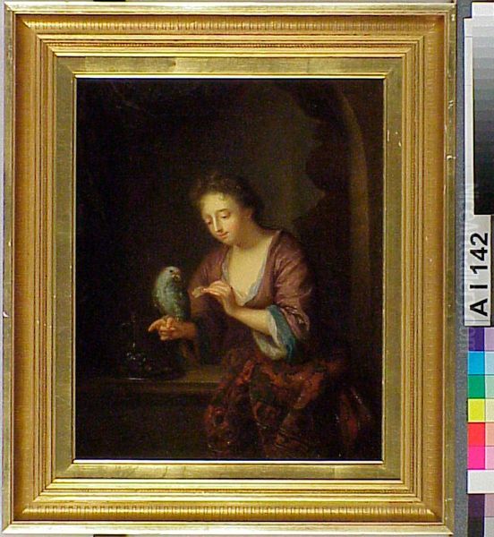 Woman Feeding a Parrot, after Arnold Boonen Oil Painting by Ida Silfverberg