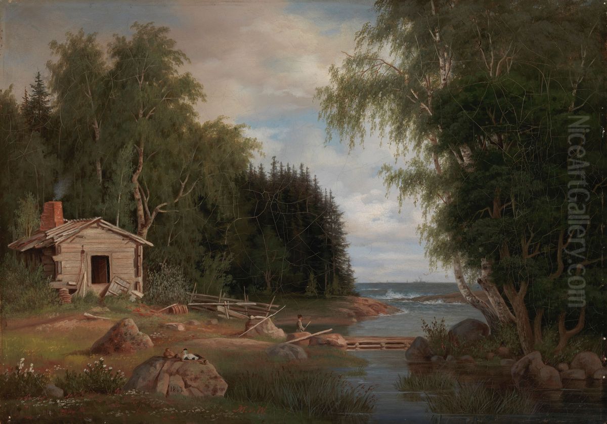 Rantamaisema, aihe Lehtisaaresta Oil Painting by Magnus Von Wright