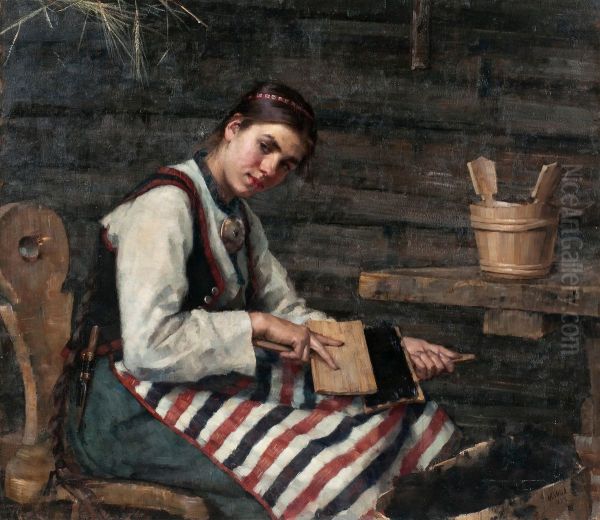 Kardande Flicka Oil Painting by Maria Wiik