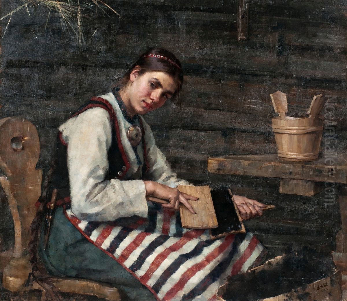 Girl Carding Oil Painting by Maria Wiik