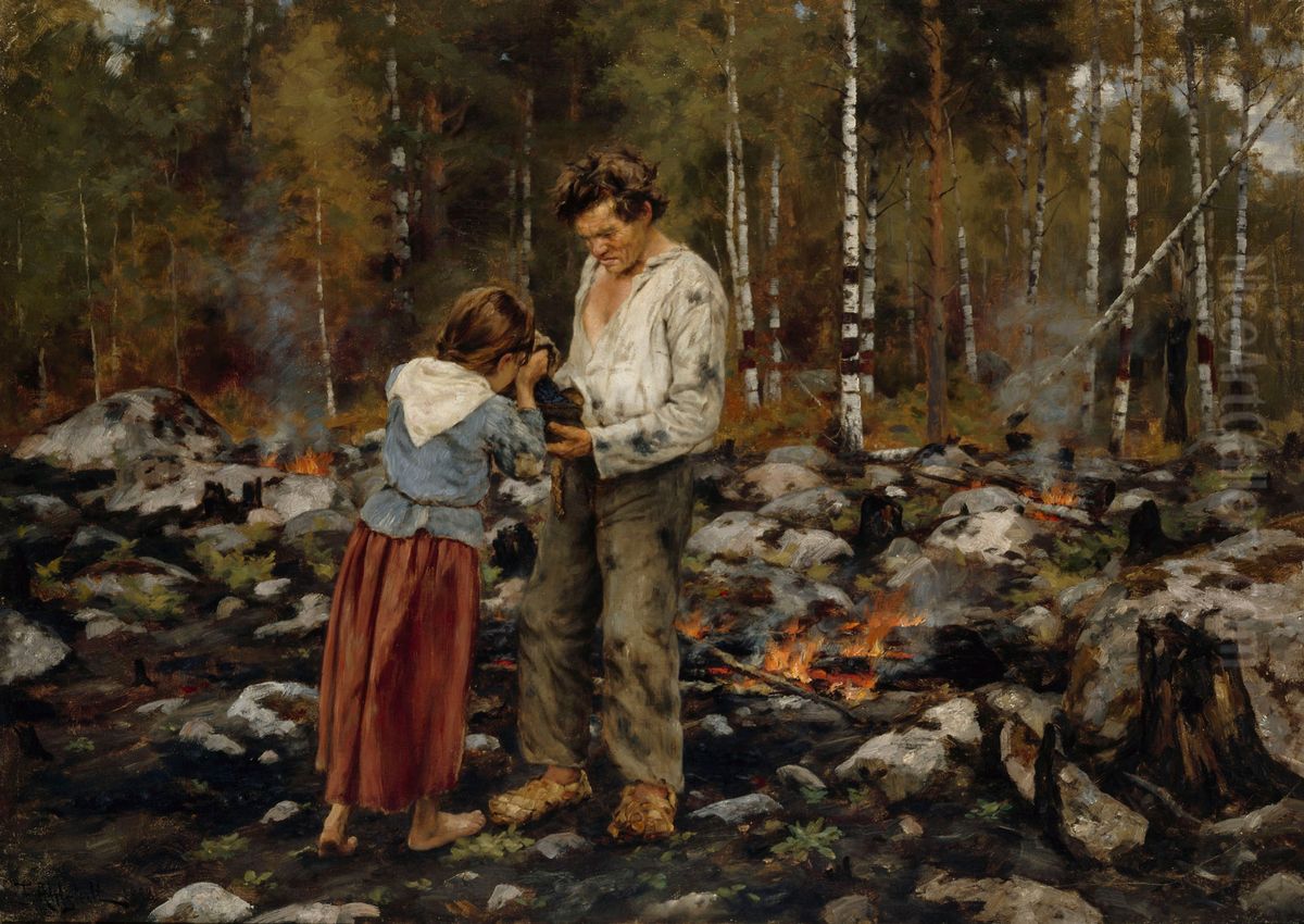 Matti Burning the Brushwood Oil Painting by Fredrik Ahlstedt