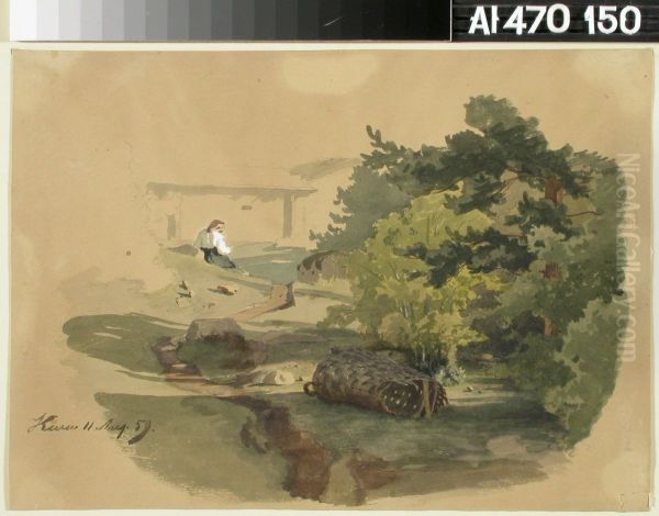 Landscape with Shingle Basket and Woman Sitting Oil Painting by Werner Holmberg