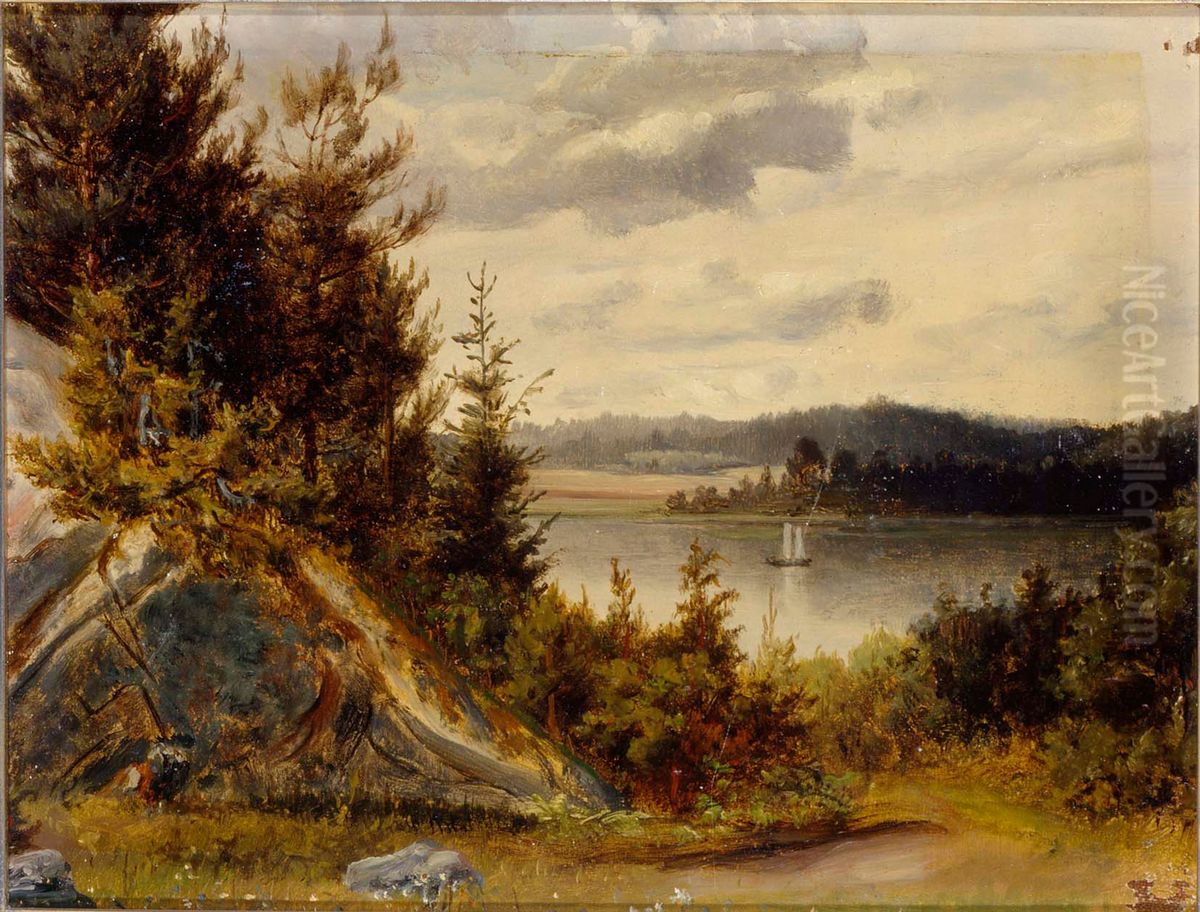Wooded Waterfront Landscape Oil Painting by Johan Knutson
