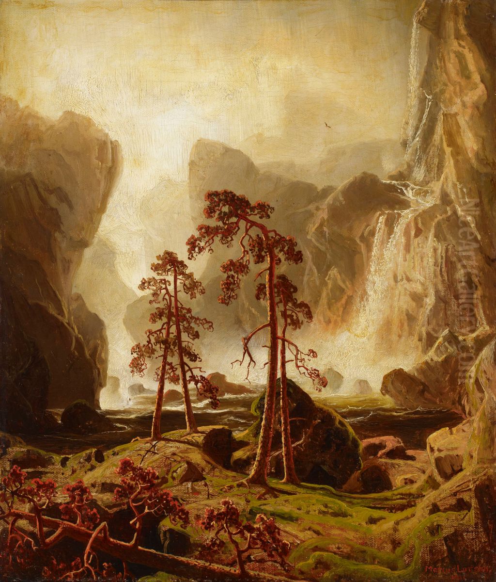 Vuoristoa ja vesiputous Oil Painting by Marcus Larson