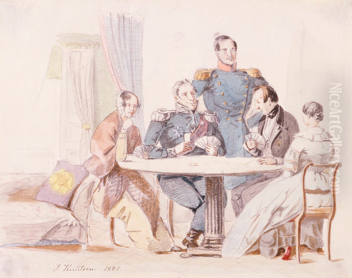 Korttia pelaava seurue Oil Painting by Johan Knutson