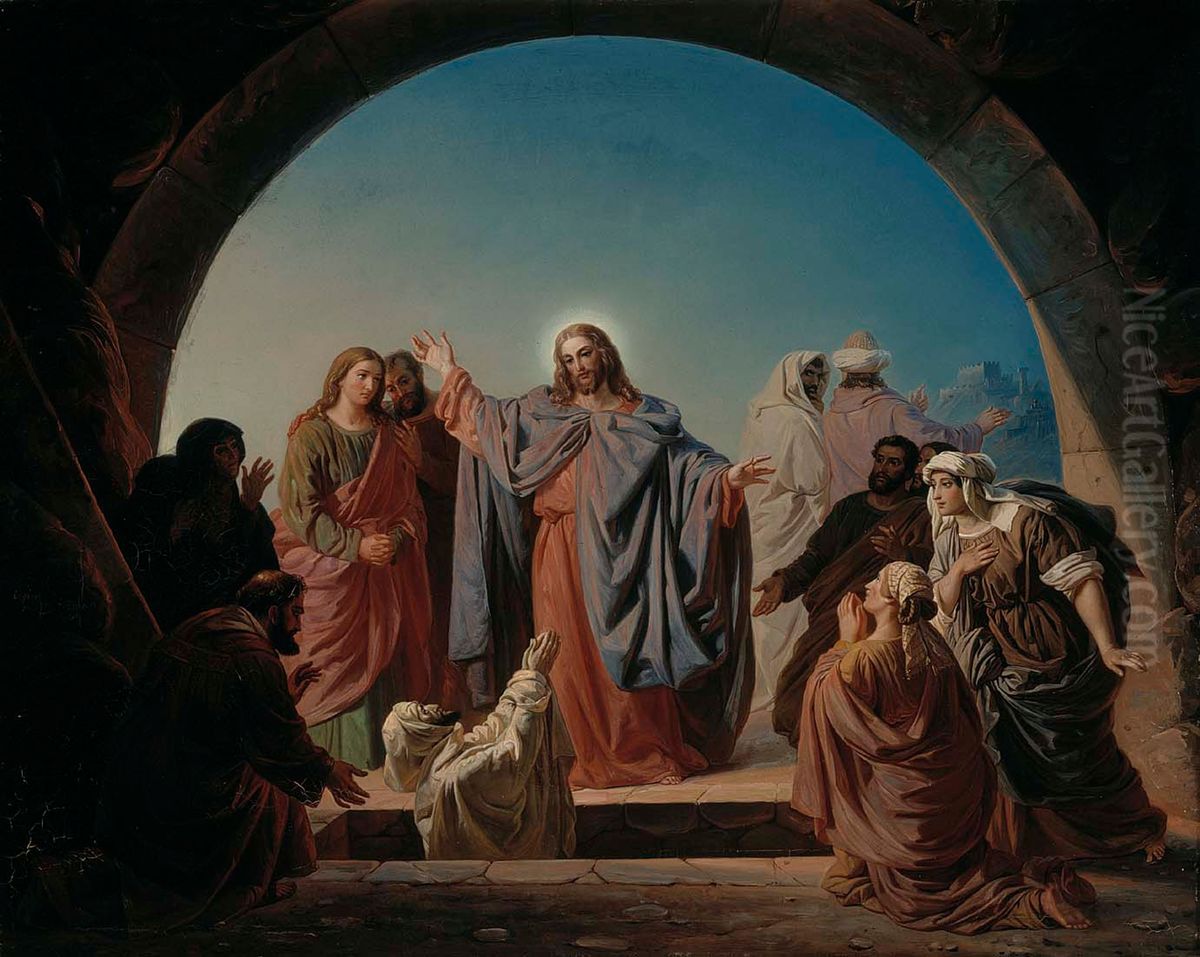 Jesus Wakes Lazarus Oil Painting by Robert Wilhelm Ekman