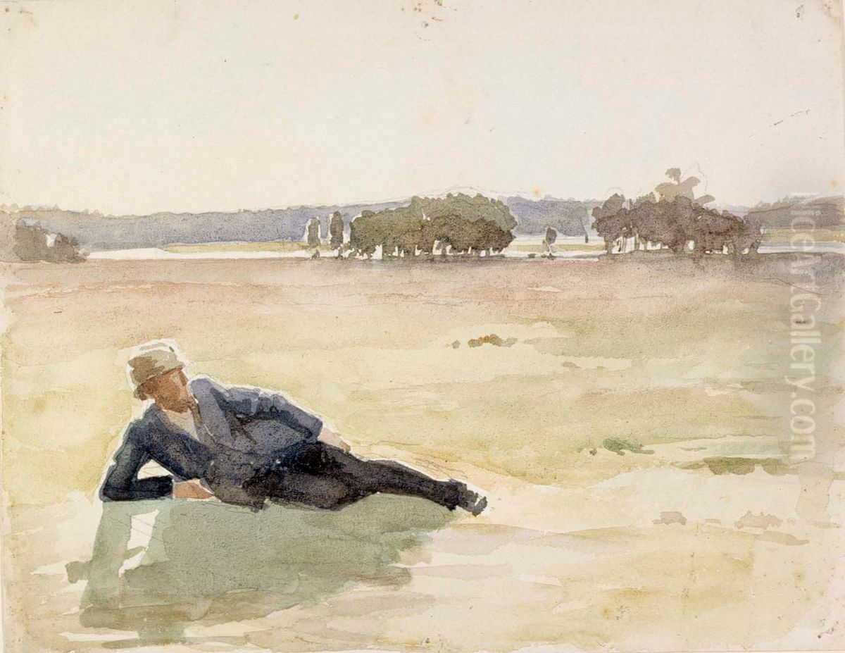 Niitylla loikoileva mies Oil Painting by Albert Edelfelt