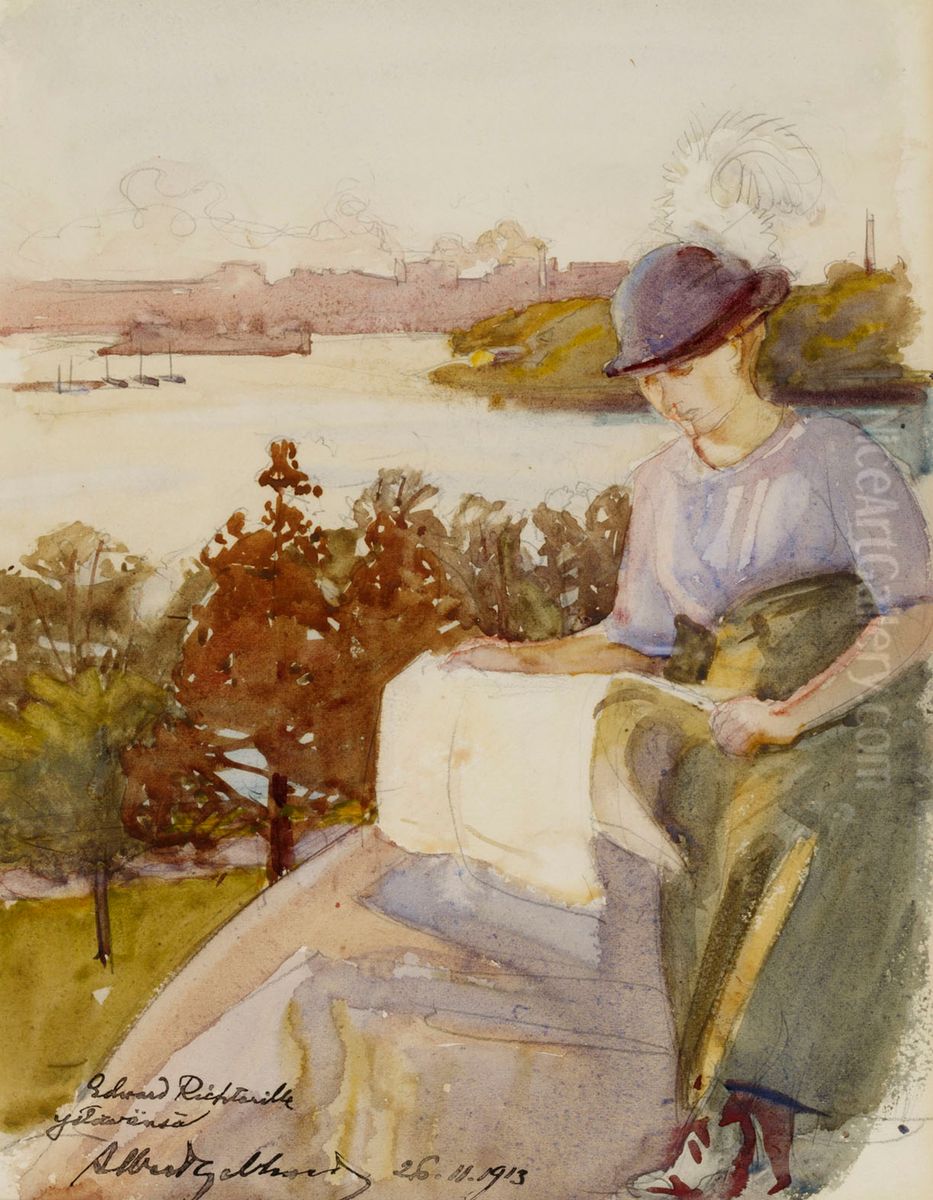 Woman Reading Oil Painting by Albert Gebhard