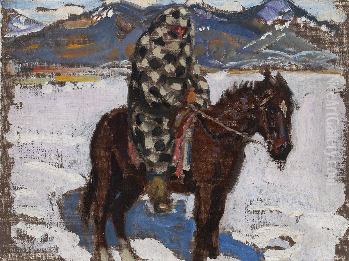 Indian on Horseback in Snow Oil Painting by Akseli Valdemar Gallen-Kallela