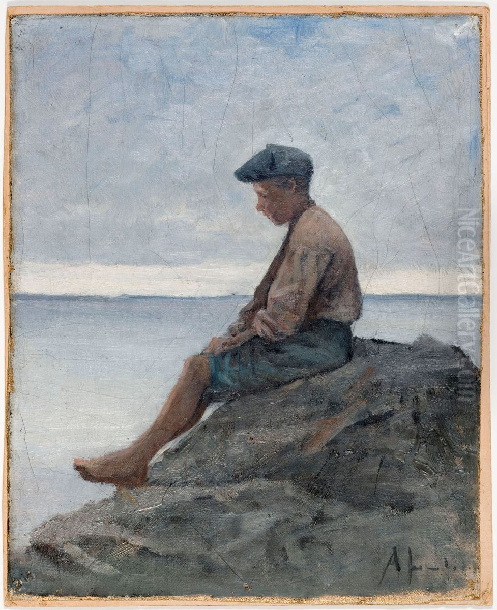 Rannalla istuva poika Oil Painting by Amelie Lundahl