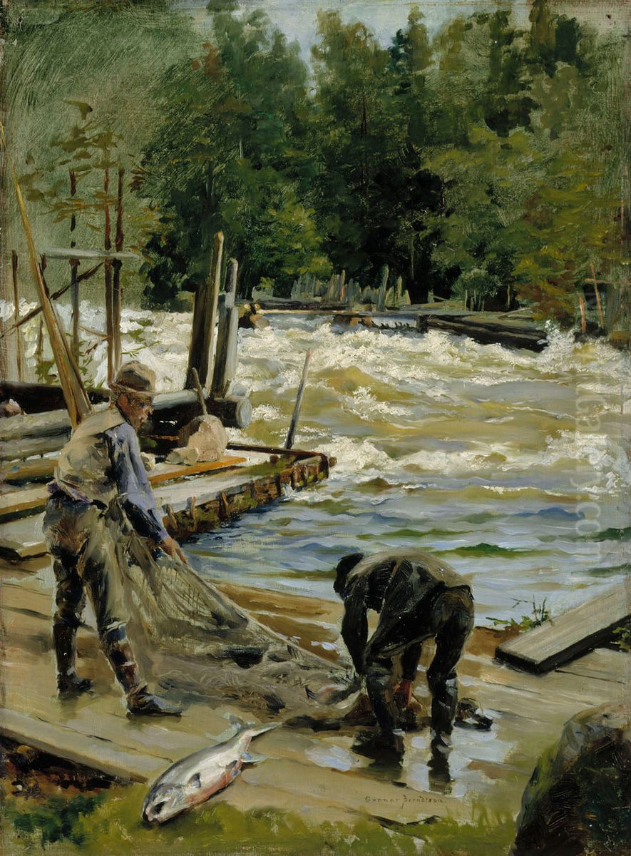 Salmon Fishing Oil Painting by Gunnar Berndtson