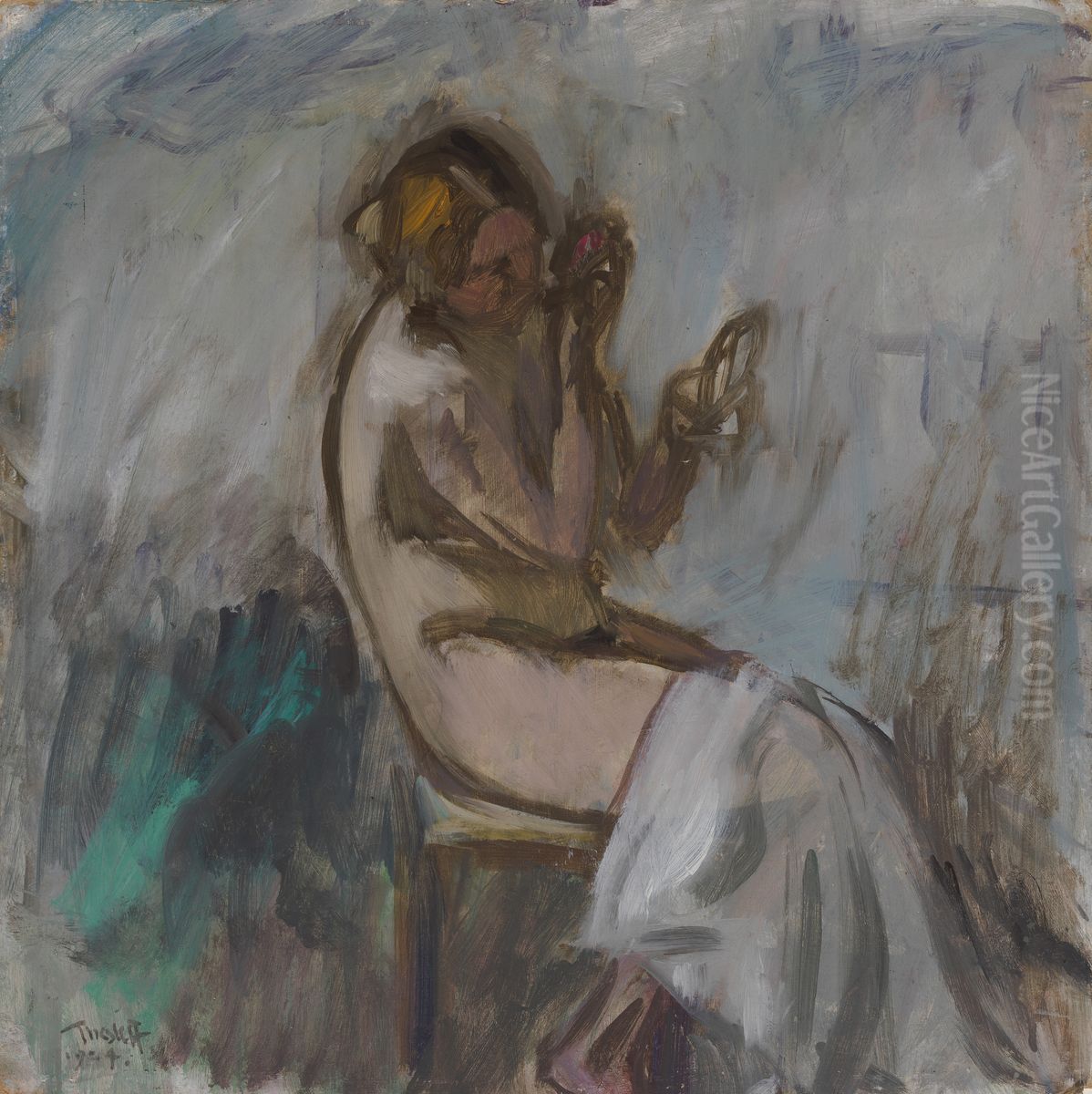 Modell med spegel Oil Painting by Ellen Thesleff