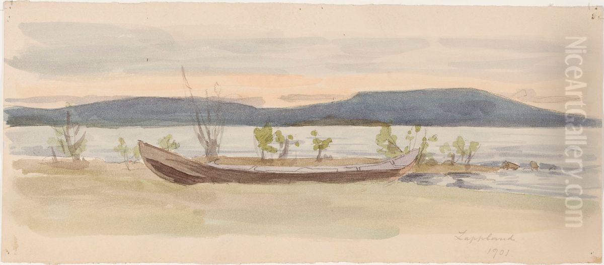 Landscape with boat ashore Oil Painting by Victor Westerholm