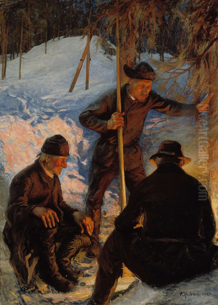 Lumberjacks around a Campfire Oil Painting by Pekka Halonen