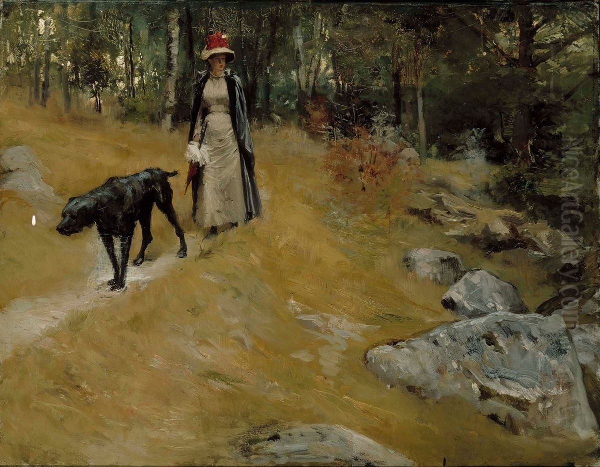 On the Shore Bank (Annie Edelfelt with a Dog) Oil Painting by Albert Edelfelt