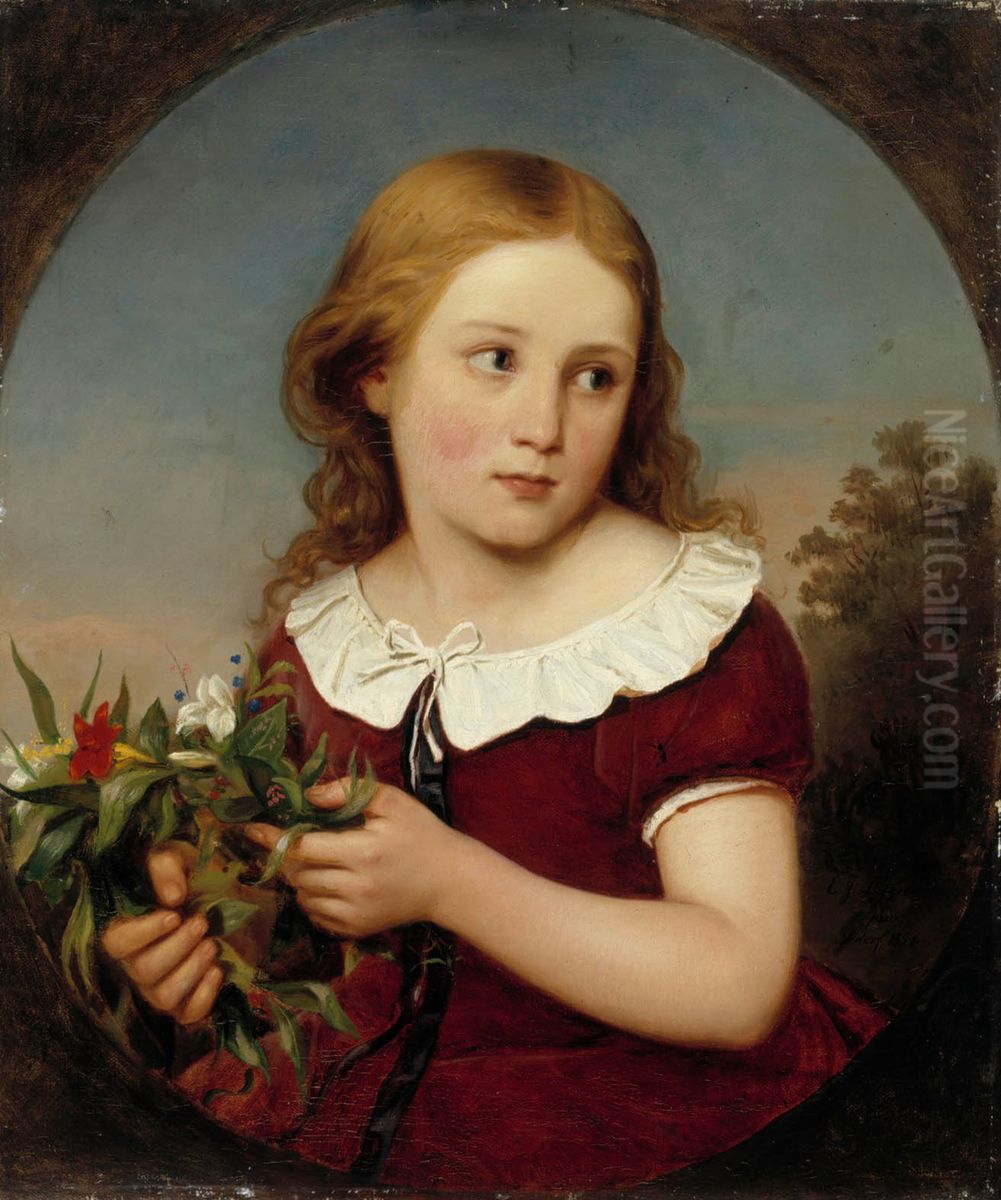 Tytto kukkia kadessa Oil Painting by Erik Johan Lofgren