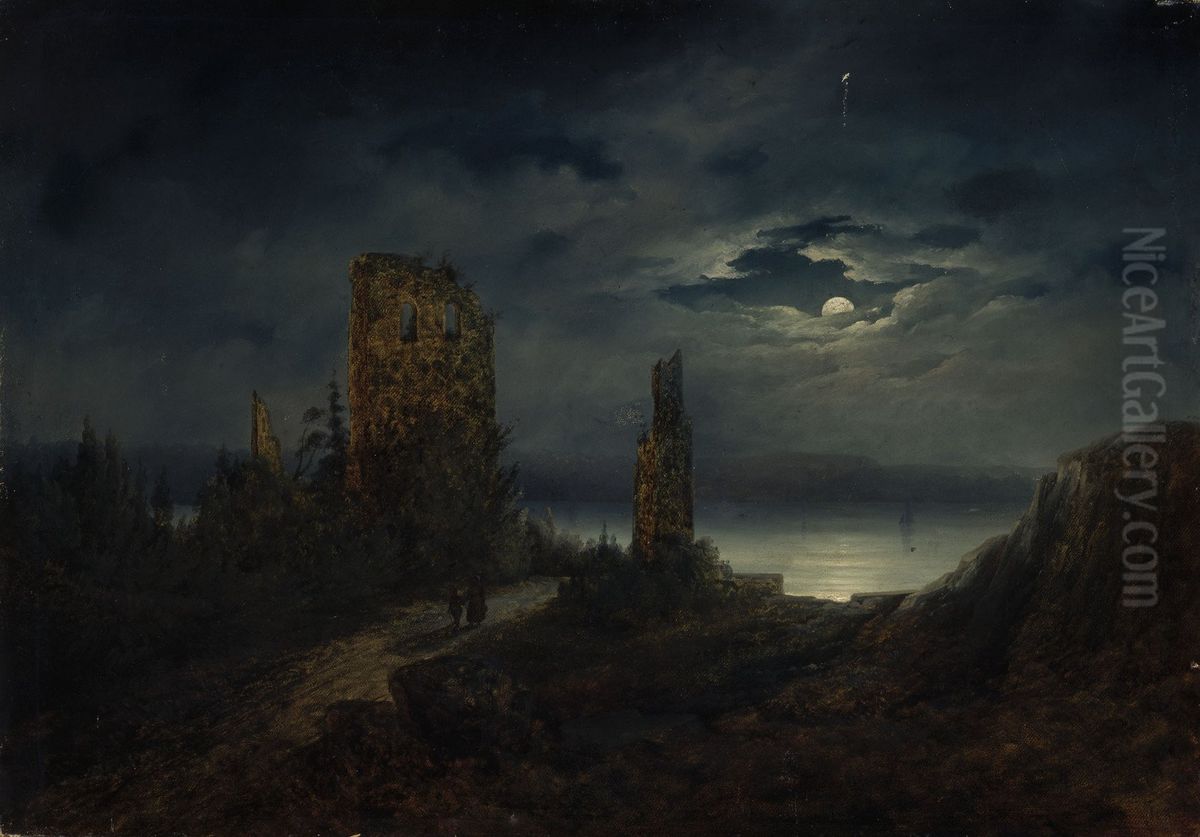 Stegeborg Castle ruins by moonlight Oil Painting by Tore Billing