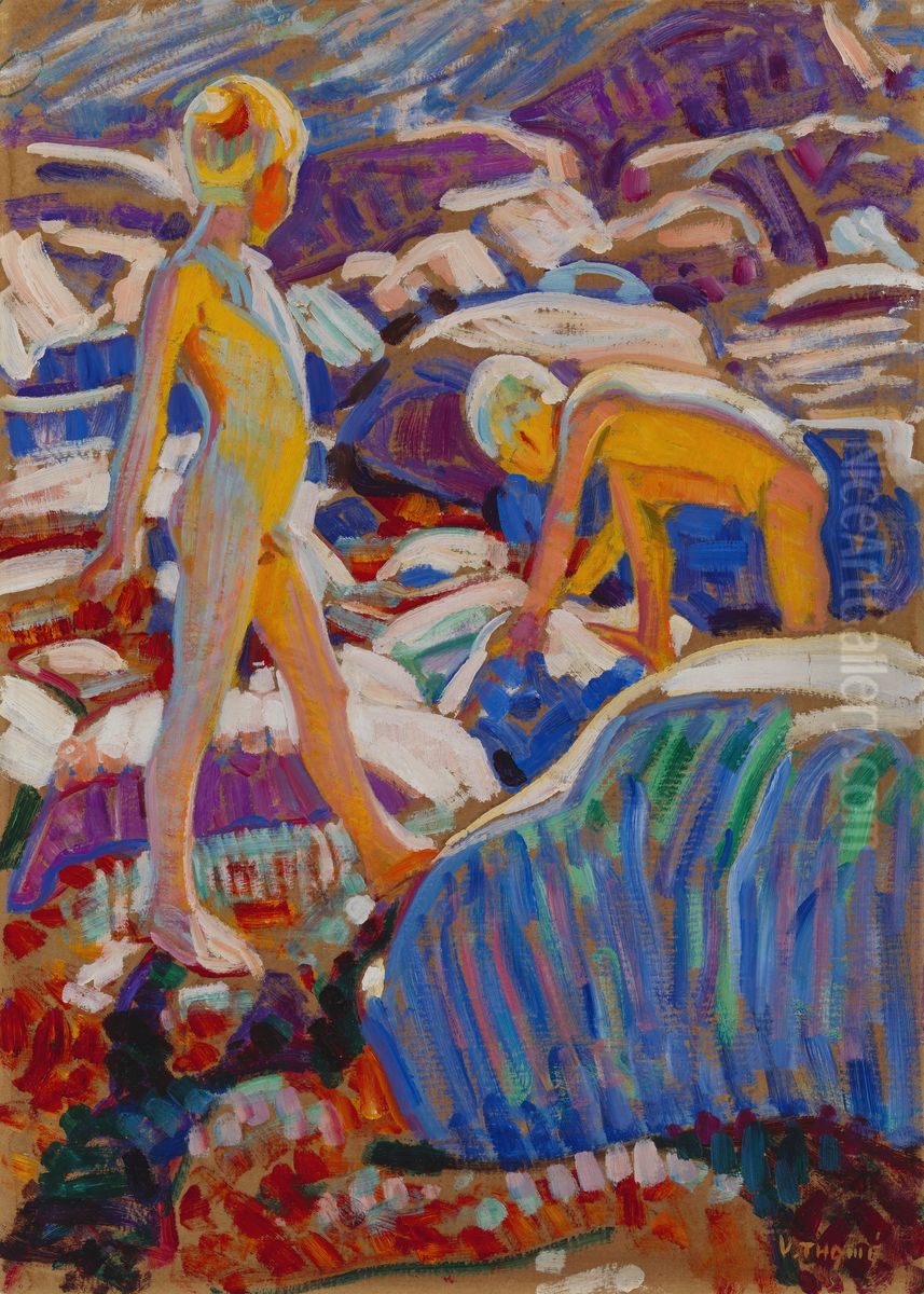 Pojkar pa strandstenar Oil Painting by Verner Thome