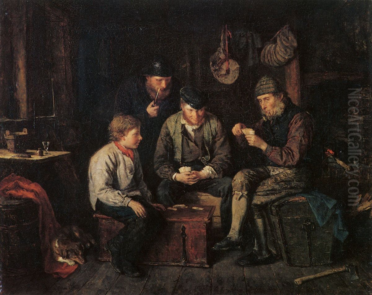 Alandska sjoman spelande kort i en kajuta Oil Painting by Karl Jansson