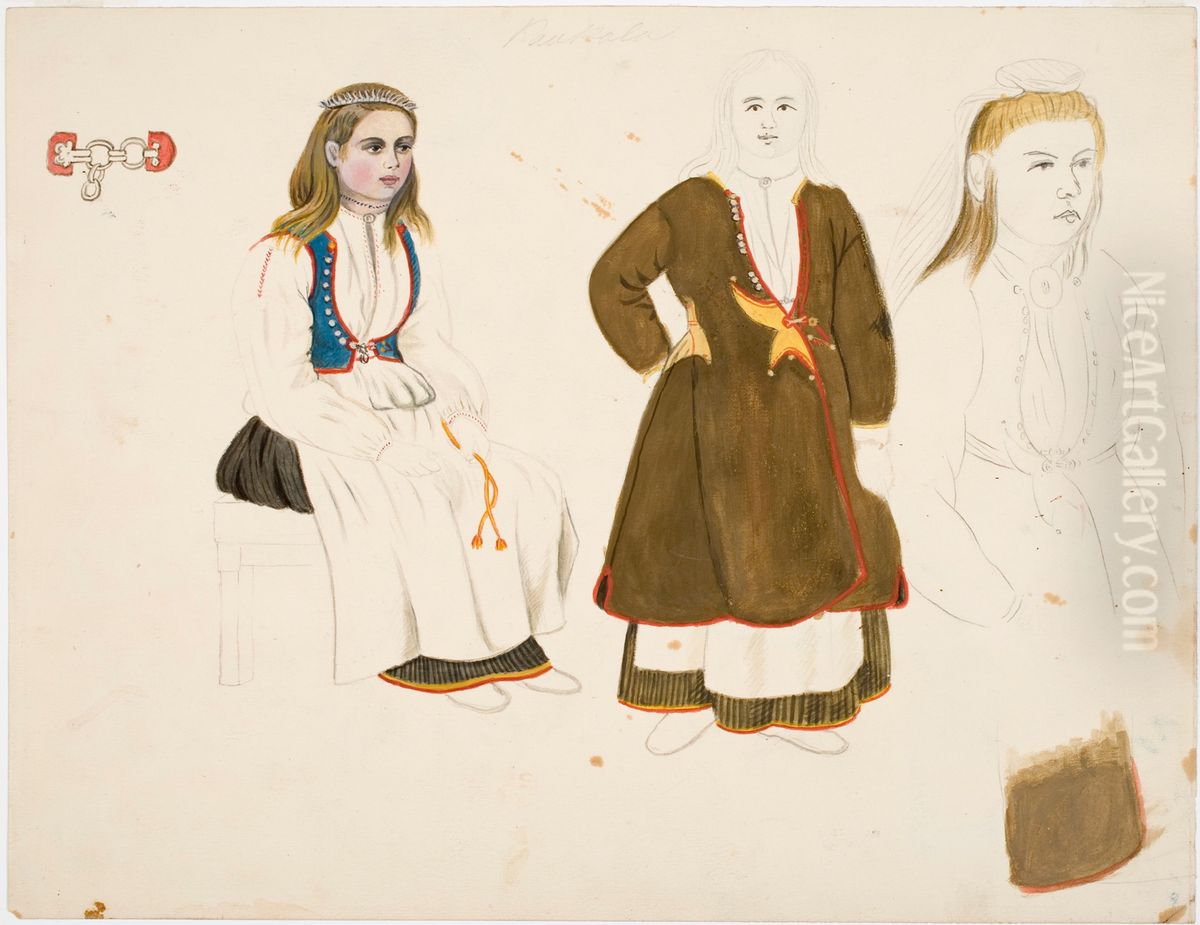 Harjoitelmia Kaukolalaisista talonpoikaisnaisista kansallispuvuissa Oil Painting by Robert Wilhelm Ekman