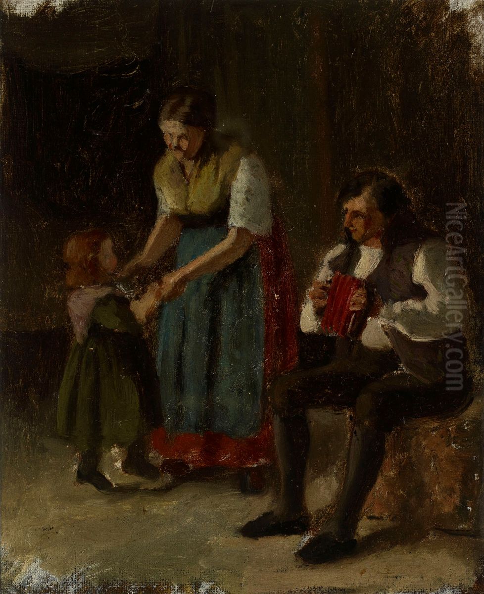 Aiti tanssii pikkutyttonsa kanssa, luonnos Oil Painting by Karl Jansson