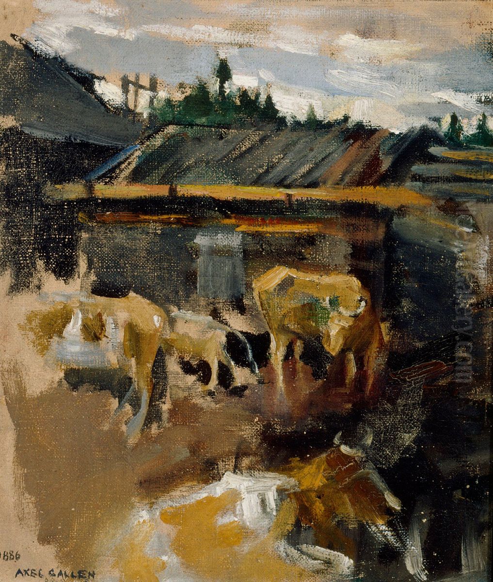 Pa bakgarden (Bakgard med kor) Oil Painting by Akseli Valdemar Gallen-Kallela
