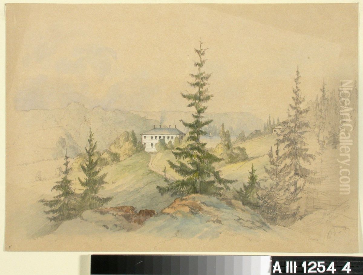 Skogslandskap med lantgard samt en liten sjo med segelbat i bakgrand Oil Painting by Tore Billing