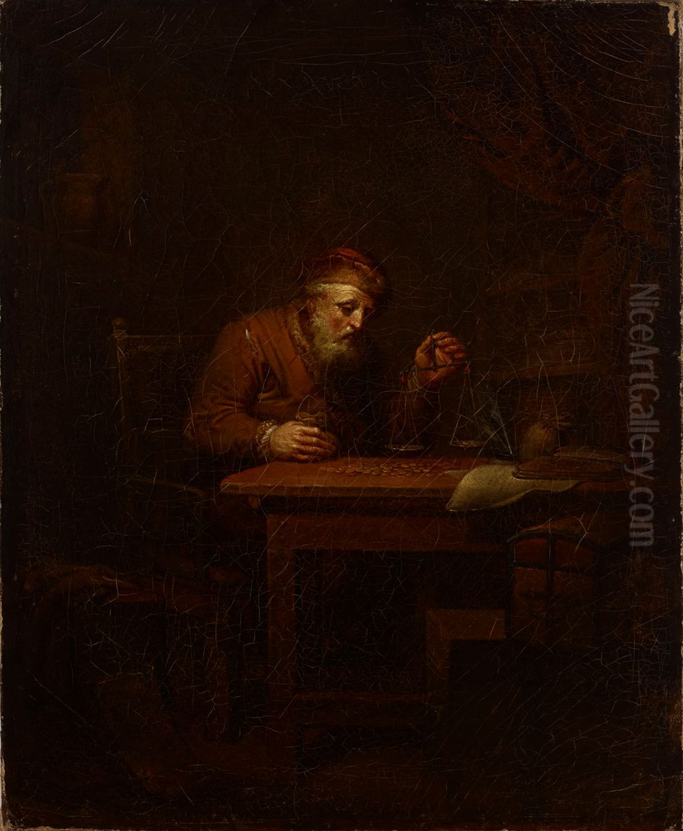 Kultarahoja punnitseva vanhus Oil Painting by Aleksander Laureus