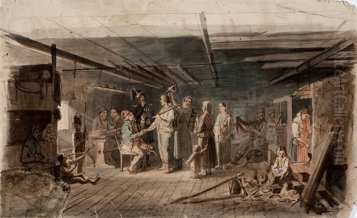 Varvays hamalaisessa talonpoikaistuvassa, luonnos venalaiselle kruununperijalle 1851 maalattuun oljymaalaukseen. Oil Painting by Robert Wilhelm Ekman