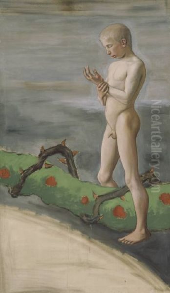 Gosse som bar livets krans, studie for vaggmalning i Tammerfors domkyrka ; kransbarare Oil Painting by Hugo Simberg