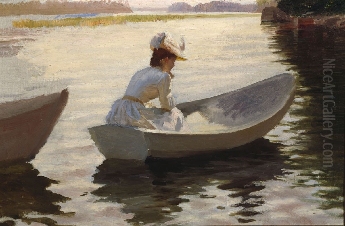 Nainen veneessa, harjoitelma teokseen Tyttoja veneessa Oil Painting by Albert Edelfelt