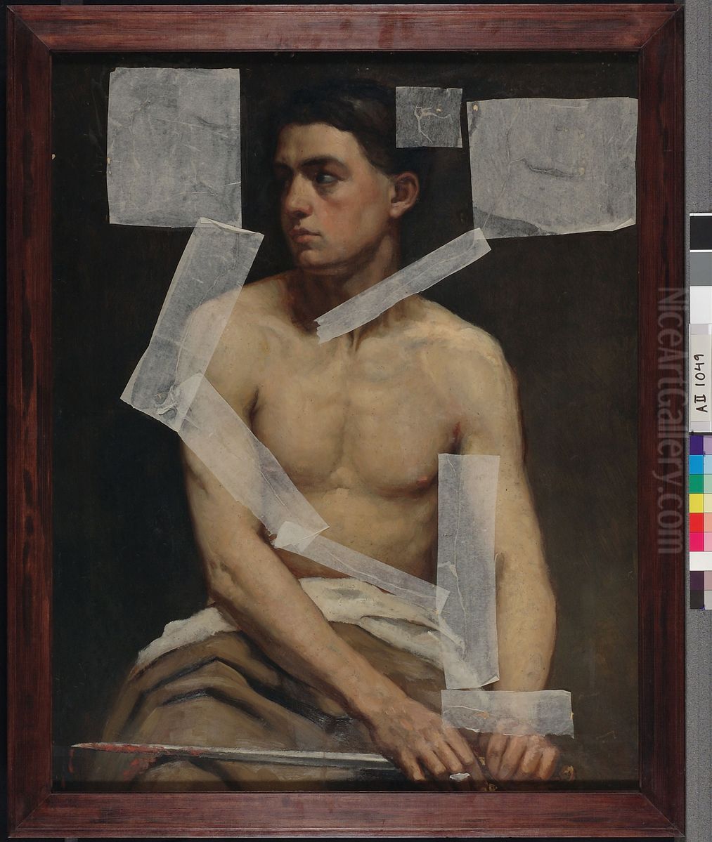 Seated Male Model Holding a Sword, Academy Study Oil Painting by Albert Edelfelt