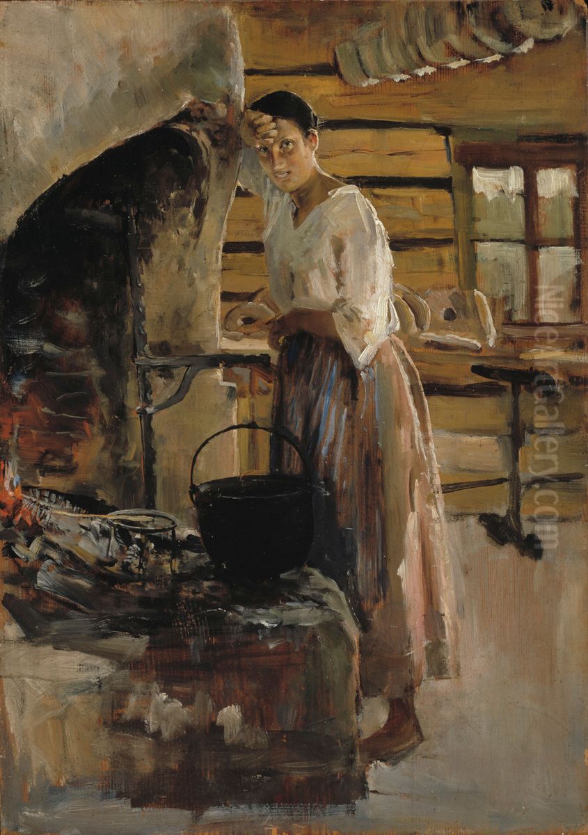 Woman Cooking Whitefish ; Woman grilling fish Oil Painting by Akseli Valdemar Gallen-Kallela