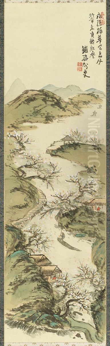 Releasing the Oar in the Plum Valley Oil Painting by Tomioka Tessai