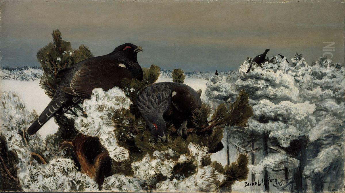 Capercaillies in a Winter Landscape Oil Painting by Bruno Andreas Liljefors