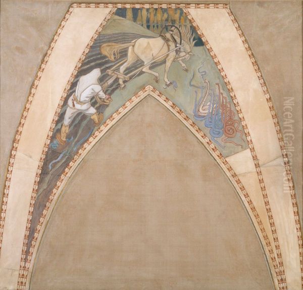 Ilmarinen ploughing the Viper-field, Sketch for the cupola frescos of the Finnish Pavilion in Paris Oil Painting by Akseli Valdemar Gallen-Kallela