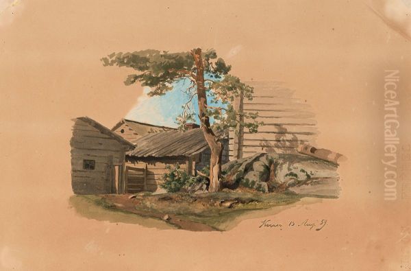 Kallioinen pihamaa, jonka keskella kasvaa manty Oil Painting by Werner Holmberg