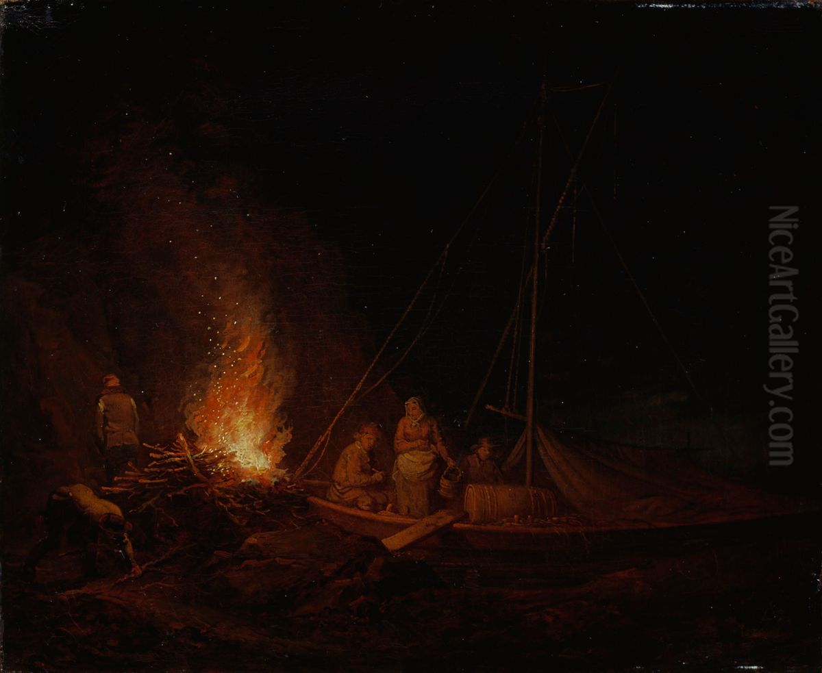 Nuotiota sytyttavia kalastajia Oil Painting by Aleksander Laureus